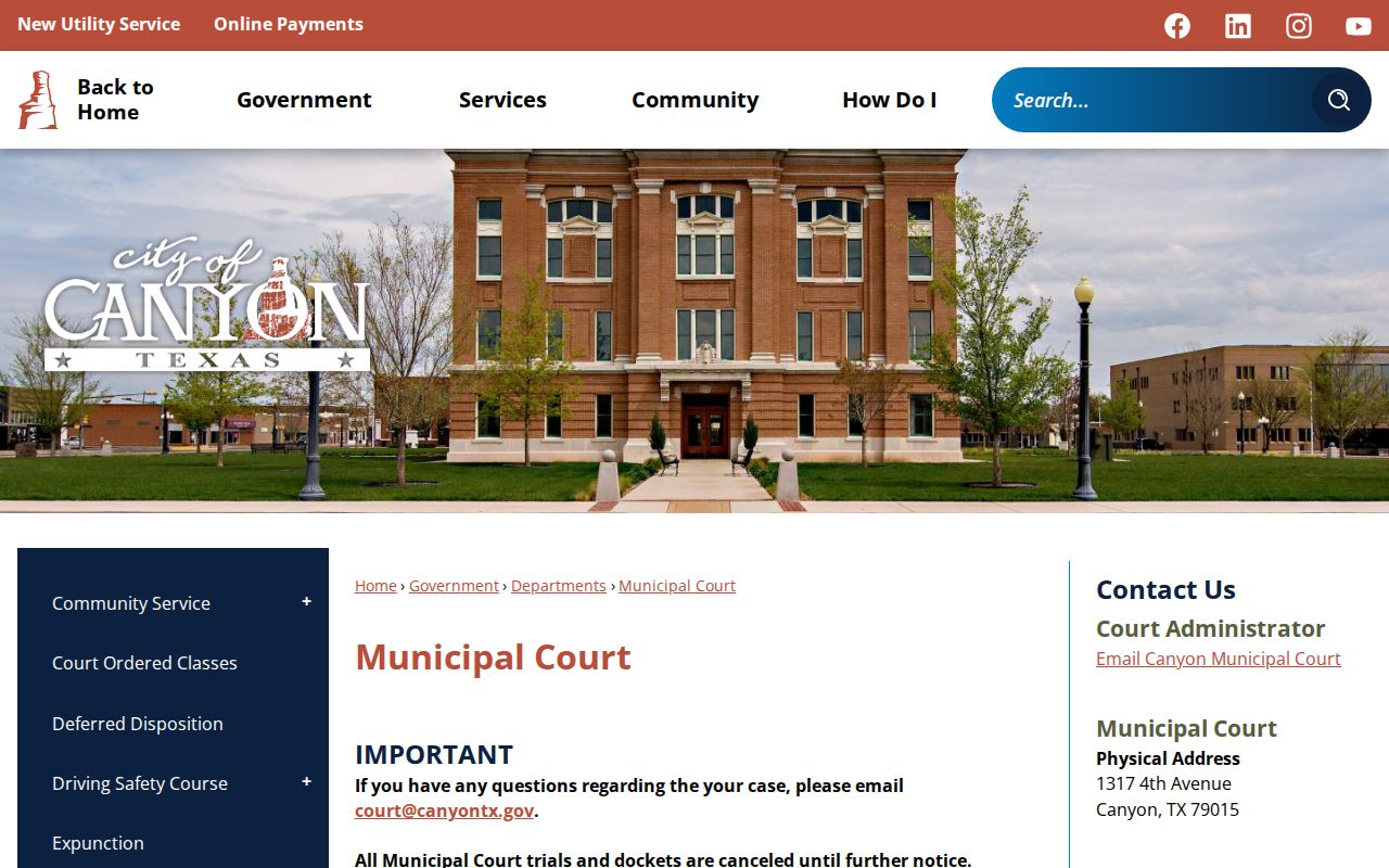 Canyon Municipal Court page with current docket notice