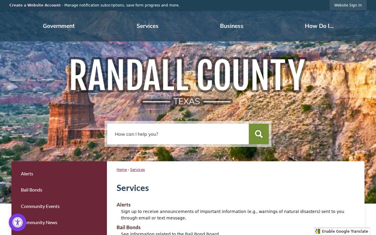 Randall County Services page linking to public court records