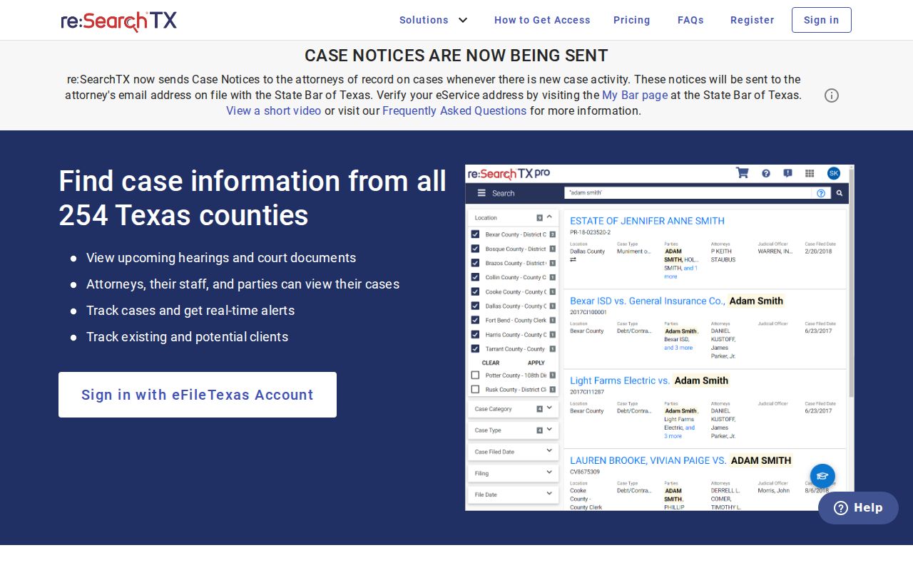 Official re:SearchTX statewide case-search landing page